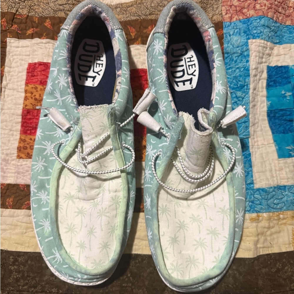 Hey Dude Green and White Palm Pattern Shoes